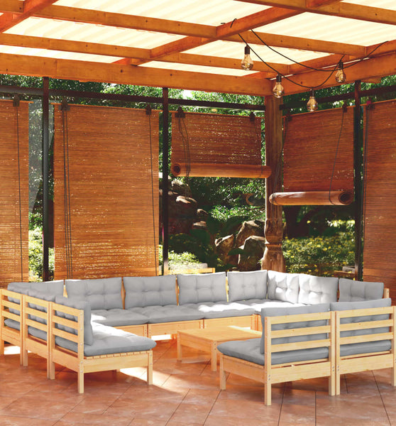 12-tlg. Garten-Lounge-Set mit Grauen Kissen Kiefer Massivholz