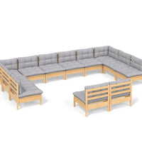 12-tlg. Garten-Lounge-Set mit Grauen Kissen Kiefer Massivholz