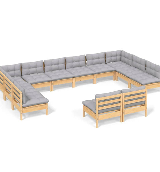 12-tlg. Garten-Lounge-Set mit Grauen Kissen Kiefer Massivholz