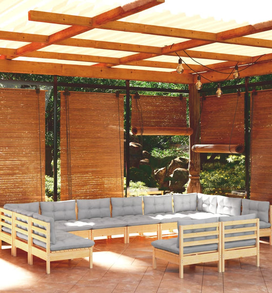 12-tlg. Garten-Lounge-Set mit Grauen Kissen Kiefer Massivholz