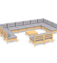 13-tlg. Garten-Lounge-Set mit Grauen Kissen Kiefer Massivholz