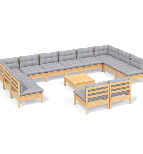 13-tlg. Garten-Lounge-Set mit Grauen Kissen Kiefer Massivholz