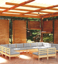 13-tlg. Garten-Lounge-Set mit Grauen Kissen Kiefer Massivholz