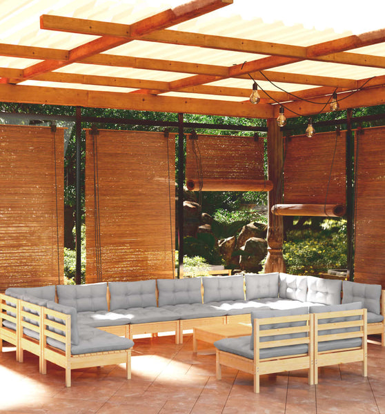 13-tlg. Garten-Lounge-Set mit Grauen Kissen Kiefer Massivholz