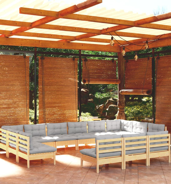 13-tlg. Garten-Lounge-Set mit Grauen Kissen Kiefer Massivholz