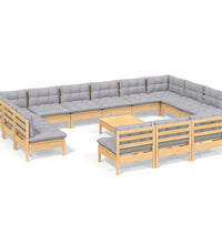14-tlg. Garten-Lounge-Set mit Grauen Kissen Kiefer Massivholz