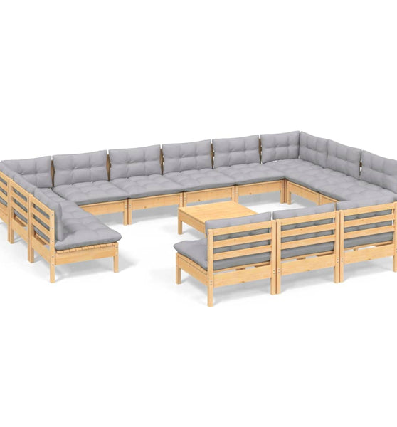 14-tlg. Garten-Lounge-Set mit Grauen Kissen Kiefer Massivholz