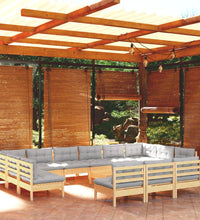 14-tlg. Garten-Lounge-Set mit Grauen Kissen Kiefer Massivholz