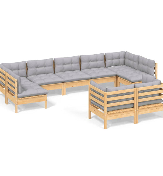 9-tlg. Garten-Lounge-Set mit Grauen Kissen Kiefer Massivholz