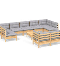 10-tlg. Garten-Lounge-Set mit Grauen Kissen Kiefer Massivholz