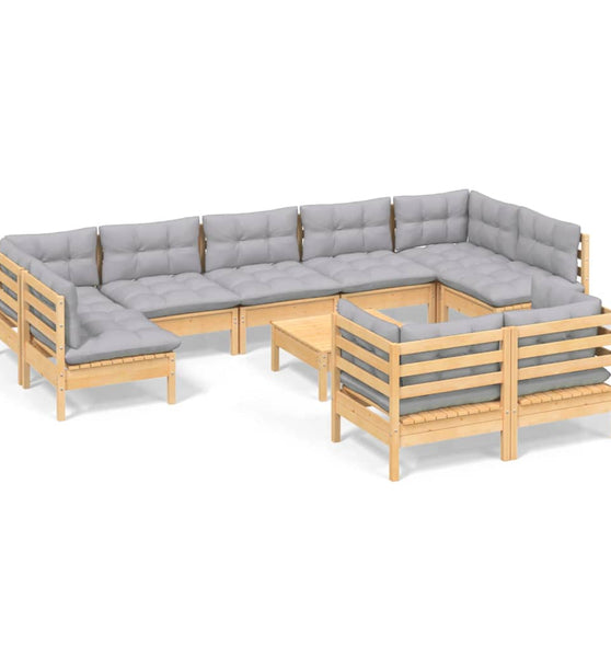 10-tlg. Garten-Lounge-Set mit Grauen Kissen Kiefer Massivholz