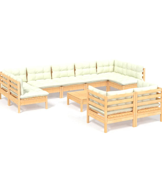 10-tlg. Garten-Lounge-Set mit Creme Kissen Massivholz Kiefer