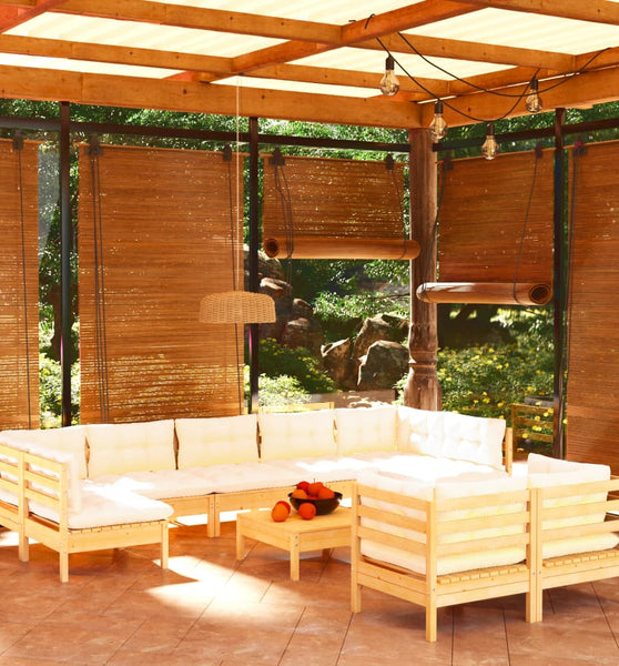 10-tlg. Garten-Lounge-Set mit Creme Kissen Massivholz Kiefer