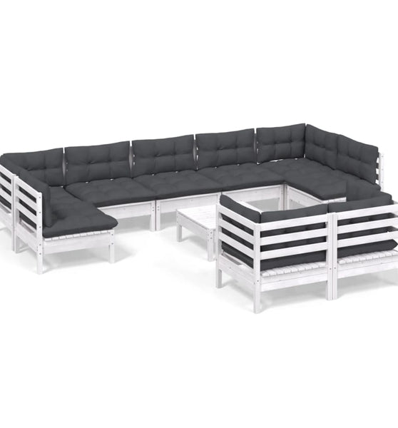 10-tlg. Garten-Lounge-Set mit Kissen Weiß Kiefer Massivholz