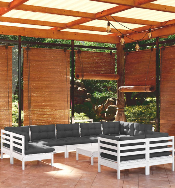 10-tlg. Garten-Lounge-Set mit Kissen Weiß Kiefer Massivholz