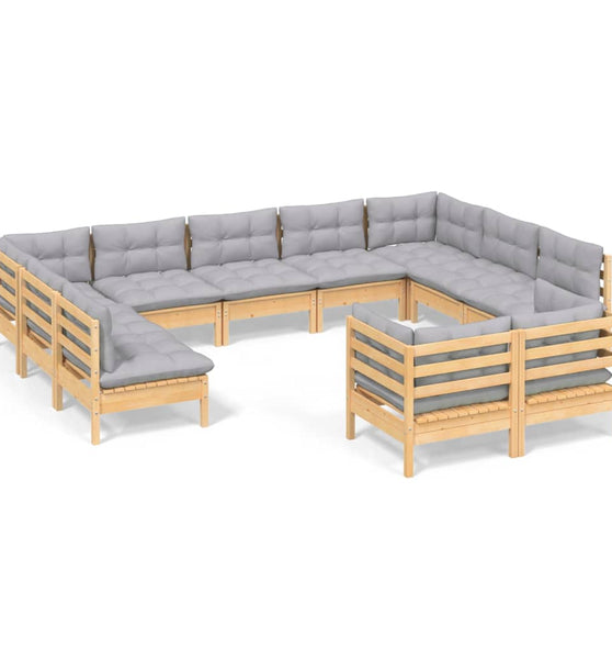 11-tlg. Garten-Lounge-Set mit Grauen Kissen Kiefer Massivholz