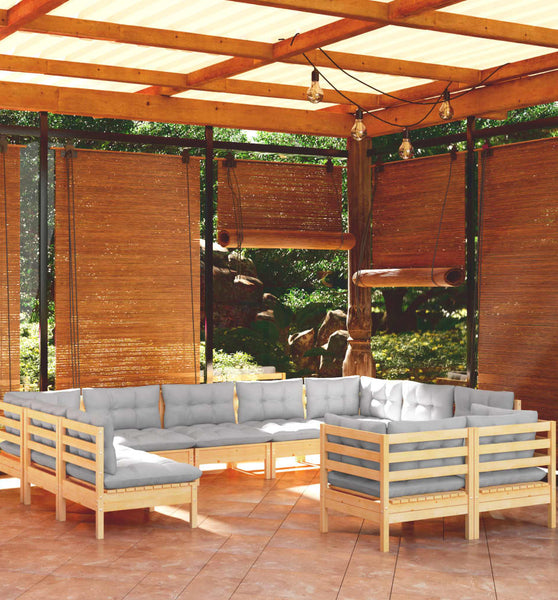 11-tlg. Garten-Lounge-Set mit Grauen Kissen Kiefer Massivholz
