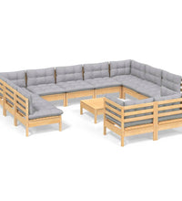 12-tlg. Garten-Lounge-Set mit Grauen Kissen Kiefer Massivholz