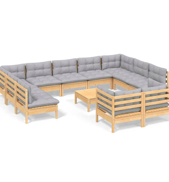 12-tlg. Garten-Lounge-Set mit Grauen Kissen Kiefer Massivholz