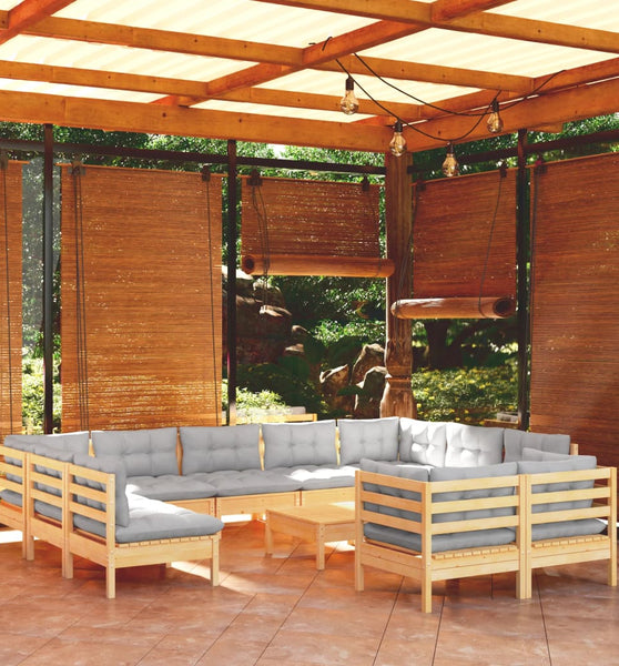 12-tlg. Garten-Lounge-Set mit Grauen Kissen Kiefer Massivholz