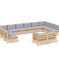 12-tlg. Garten-Lounge-Set mit Grauen Kissen Kiefer Massivholz