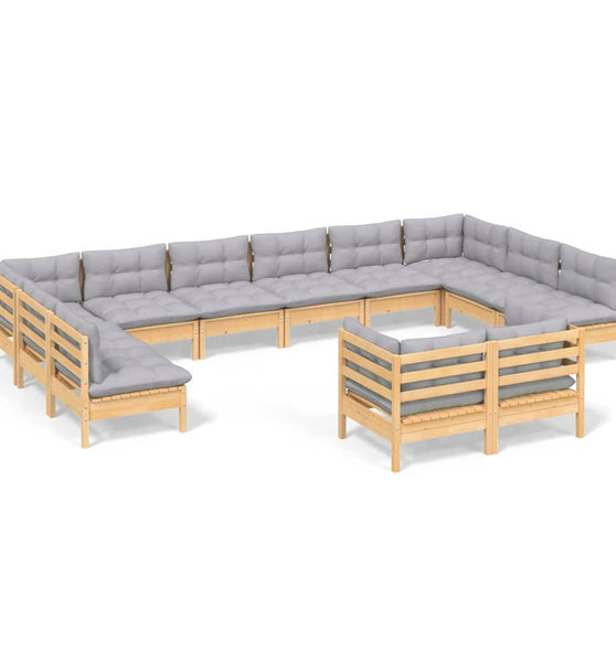 12-tlg. Garten-Lounge-Set mit Grauen Kissen Kiefer Massivholz