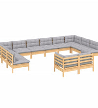 12-tlg. Garten-Lounge-Set mit Grauen Kissen Kiefer Massivholz