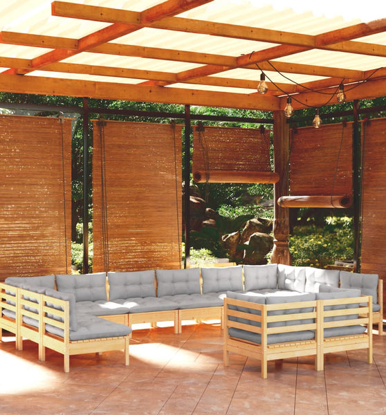 12-tlg. Garten-Lounge-Set mit Grauen Kissen Kiefer Massivholz