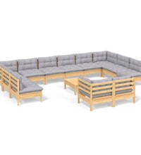 13-tlg. Garten-Lounge-Set mit Grauen Kissen Kiefernholz