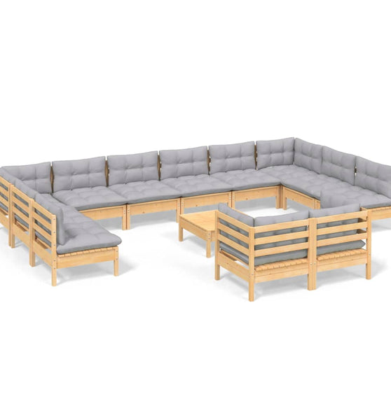 13-tlg. Garten-Lounge-Set mit Grauen Kissen Kiefernholz