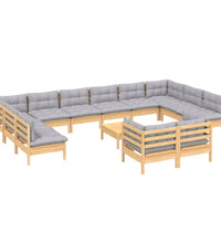 13-tlg. Garten-Lounge-Set mit Grauen Kissen Kiefernholz