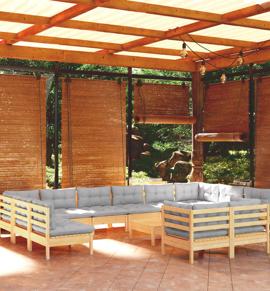 13-tlg. Garten-Lounge-Set mit Grauen Kissen Kiefernholz