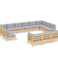 13-tlg. Garten-Lounge-Set mit Grauen Kissen Kiefernholz