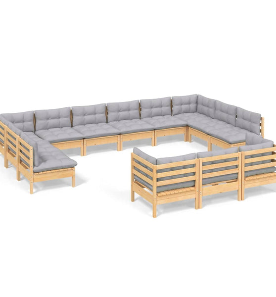 13-tlg. Garten-Lounge-Set mit Grauen Kissen Kiefernholz