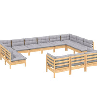 13-tlg. Garten-Lounge-Set mit Grauen Kissen Kiefernholz