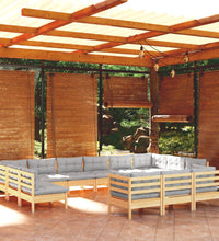 13-tlg. Garten-Lounge-Set mit Grauen Kissen Kiefernholz