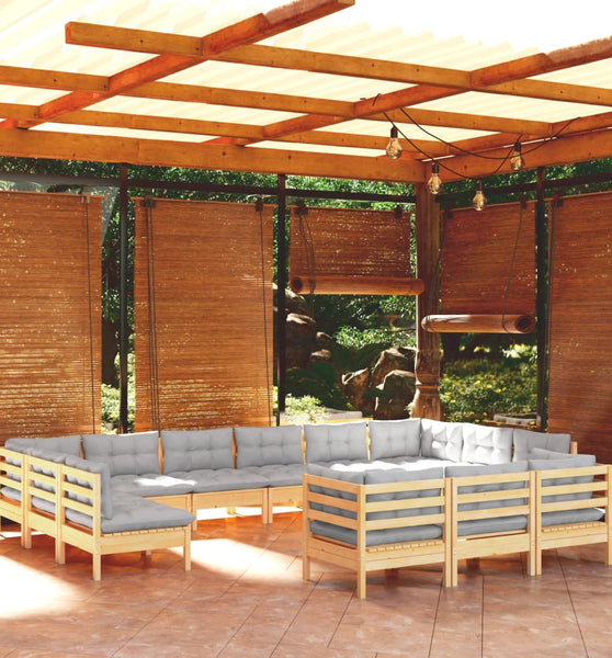 13-tlg. Garten-Lounge-Set mit Grauen Kissen Kiefernholz