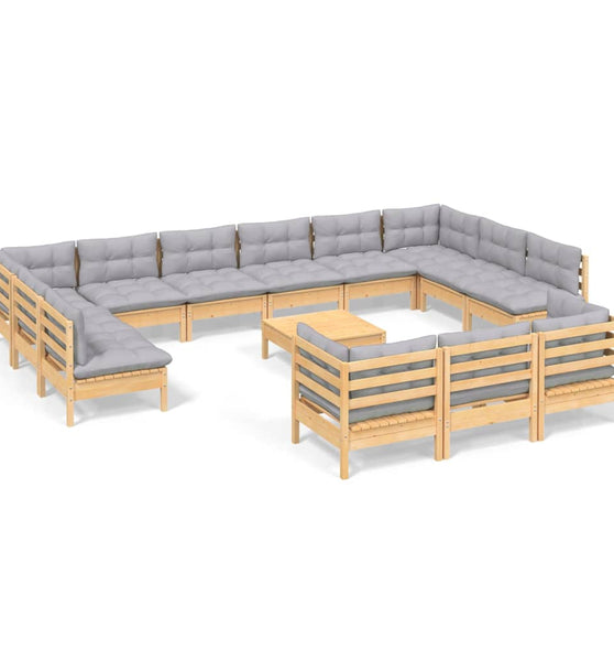 14-tlg. Garten-Lounge-Set mit Grauen Kissen Kiefernholz