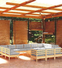 14-tlg. Garten-Lounge-Set mit Grauen Kissen Kiefernholz