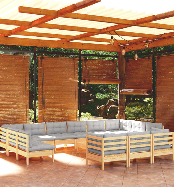 14-tlg. Garten-Lounge-Set mit Grauen Kissen Kiefernholz
