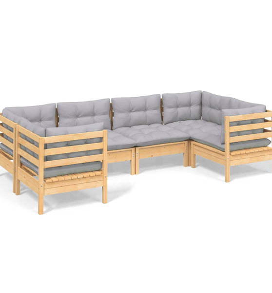 6-tlg. Garten-Lounge-Set mit Grauen Kissen Kiefernholz