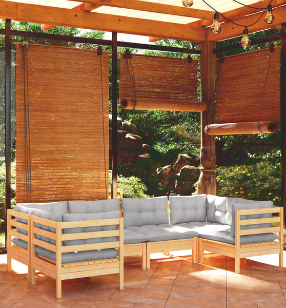 6-tlg. Garten-Lounge-Set mit Grauen Kissen Kiefernholz