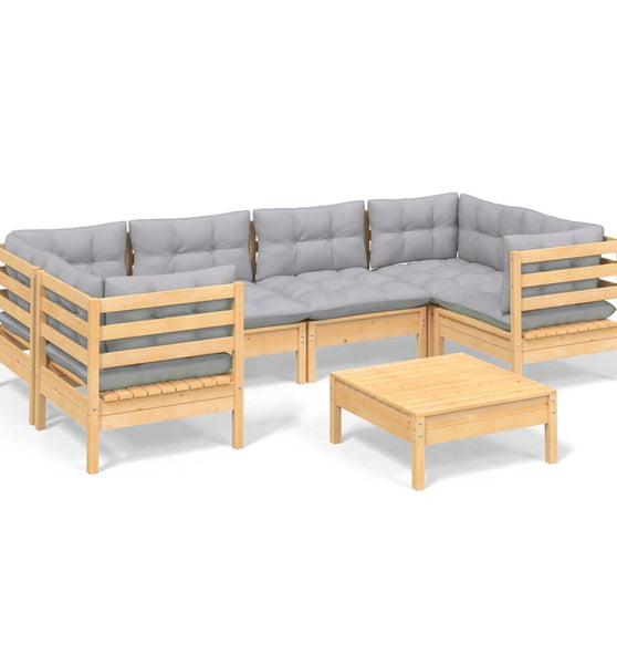 7-tlg. Garten-Lounge-Set mit Grauen Kissen Kiefernholz