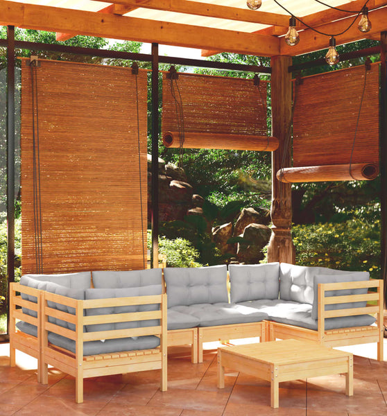 7-tlg. Garten-Lounge-Set mit Grauen Kissen Kiefernholz