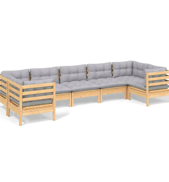 7-tlg. Garten-Lounge-Set mit Grauen Kissen Kiefernholz