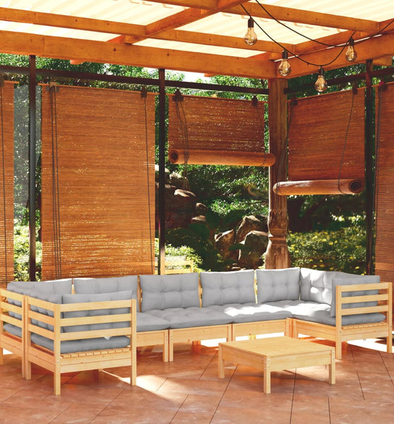 8-tlg. Garten-Lounge-Set mit Grauen Kissen Kiefernholz