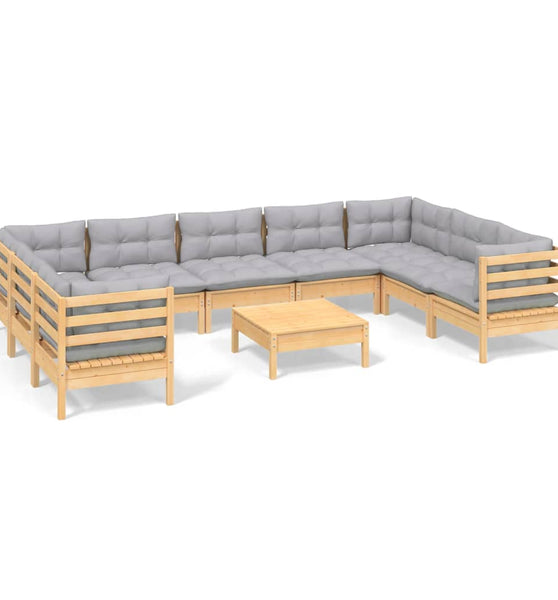 10-tlg. Garten-Lounge-Set mit Grauen Kissen Kiefernholz
