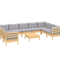 10-tlg. Garten-Lounge-Set mit Grauen Kissen Kiefernholz