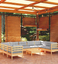 10-tlg. Garten-Lounge-Set mit Grauen Kissen Kiefernholz