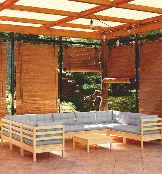 10-tlg. Garten-Lounge-Set mit Grauen Kissen Kiefernholz